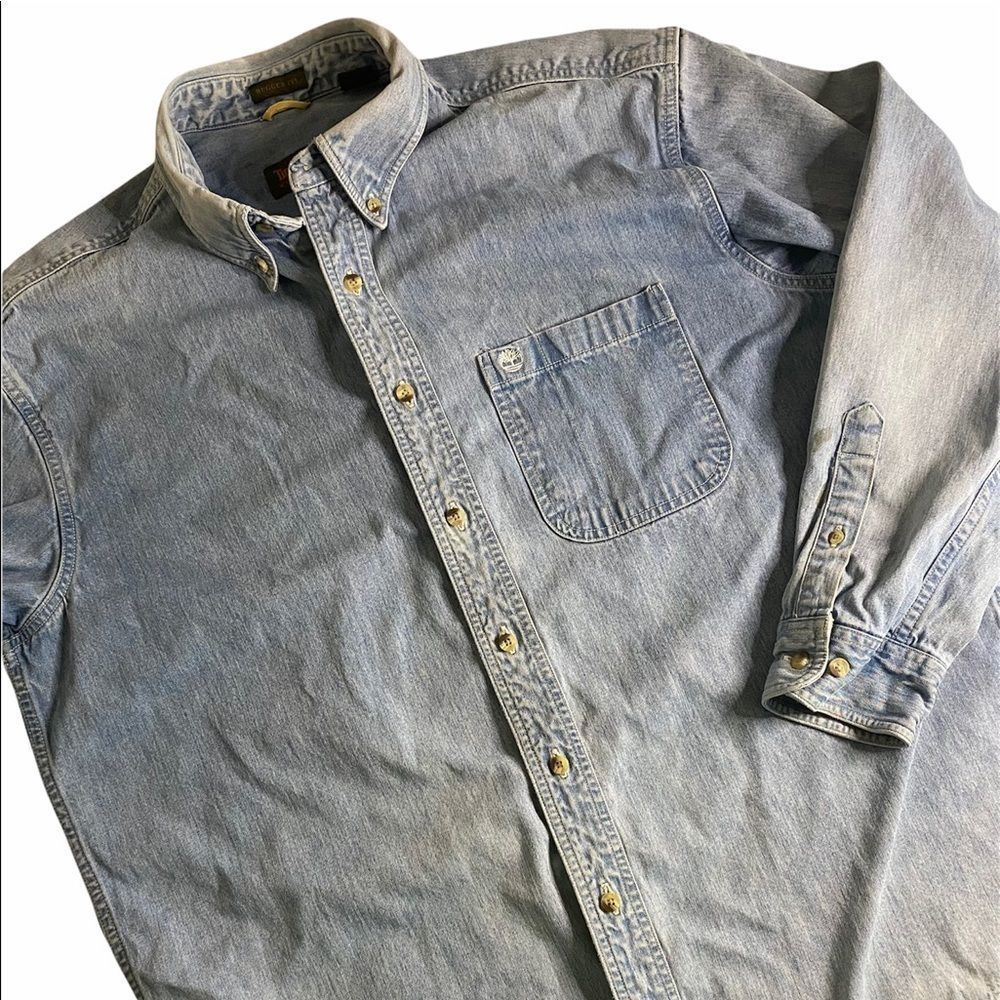 Timberland Men's Shirt Sz L Vintage Denim Rugged Fit Blue Weathergear Button